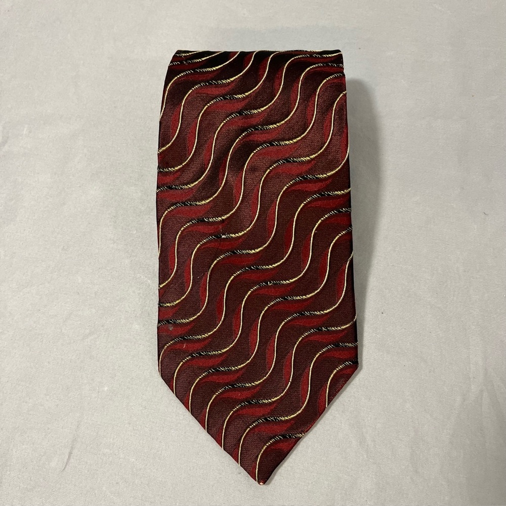 Burma Bibas Mens Wavy Abstract Silk Blend Tie Burgundy Red Gold Wide 4 Inch